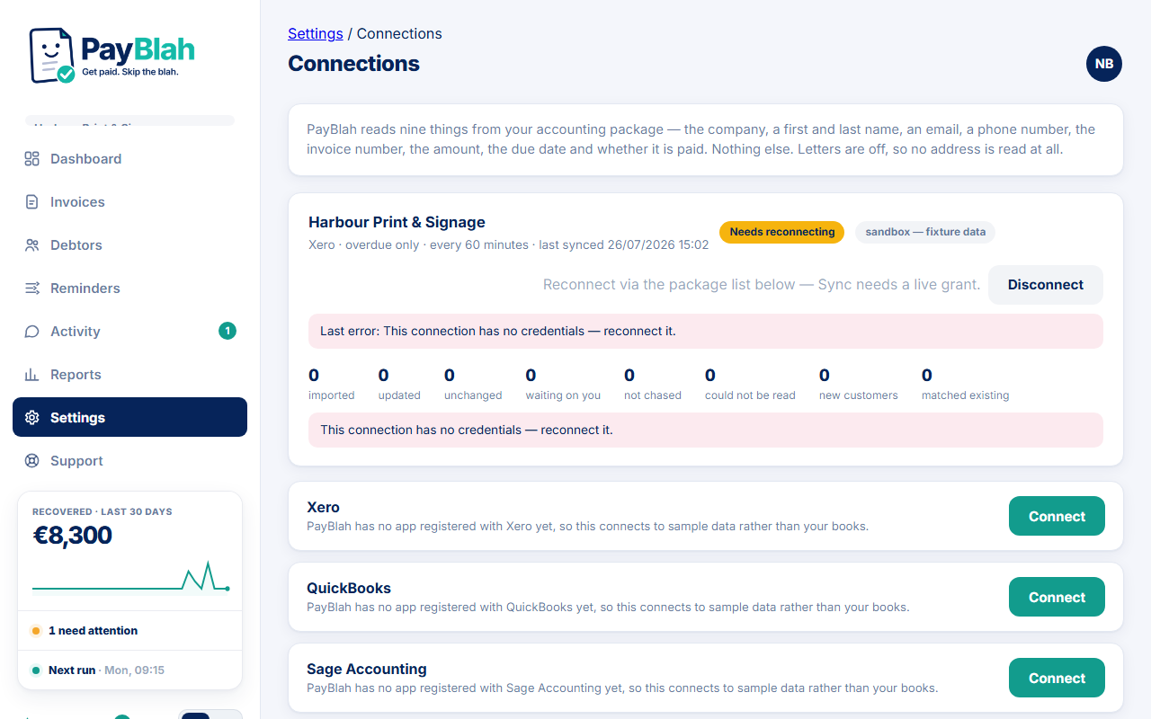 Connections page with QuickBooks connect button