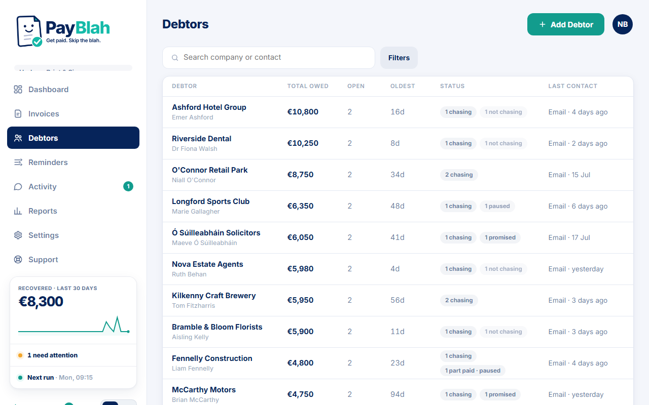 Debtors list with Add Debtor and filters