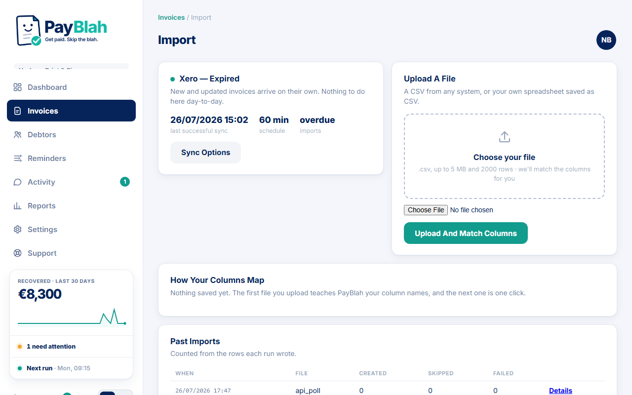 Import page showing last successful sync and Sync Options