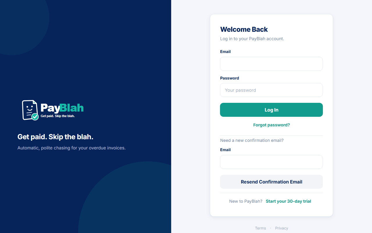 PayBlah login screen Welcome Back with email and password fields