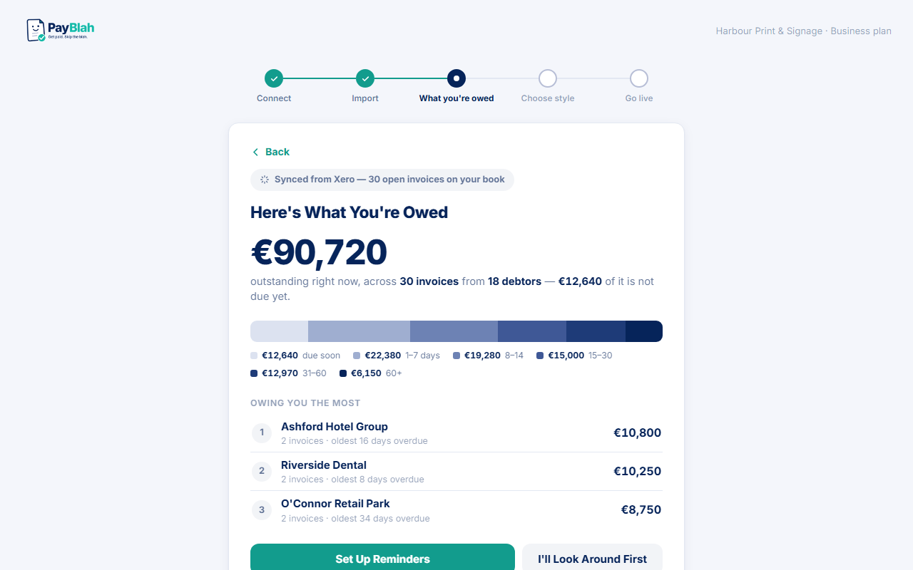 Onboarding screen showing what you are owed and next actions