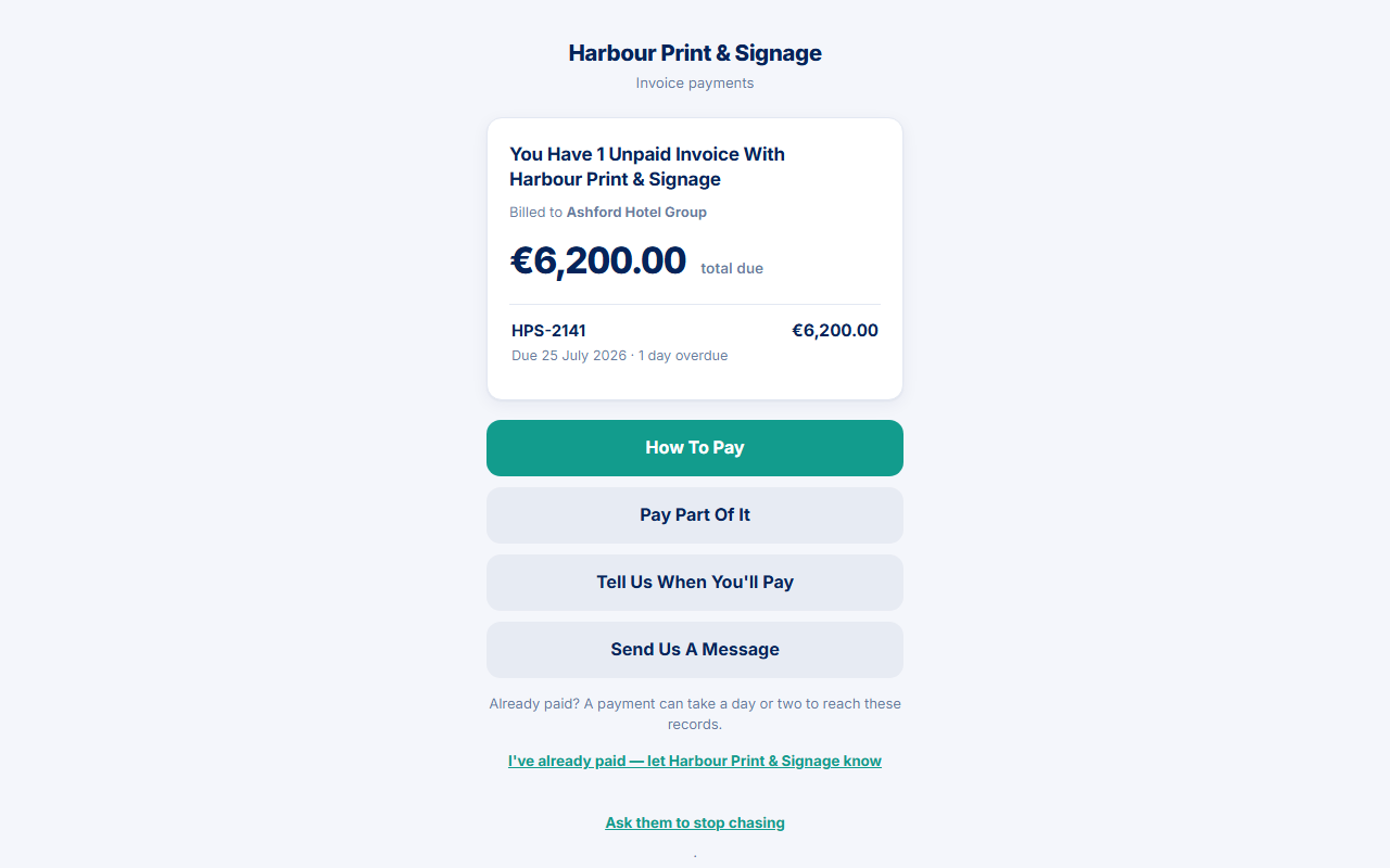 Debtor portal showing unpaid invoices branded for the creditor