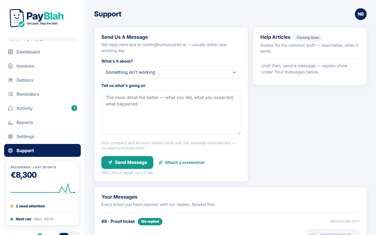 PayBlah in-app Support form with subject picker and message thread
