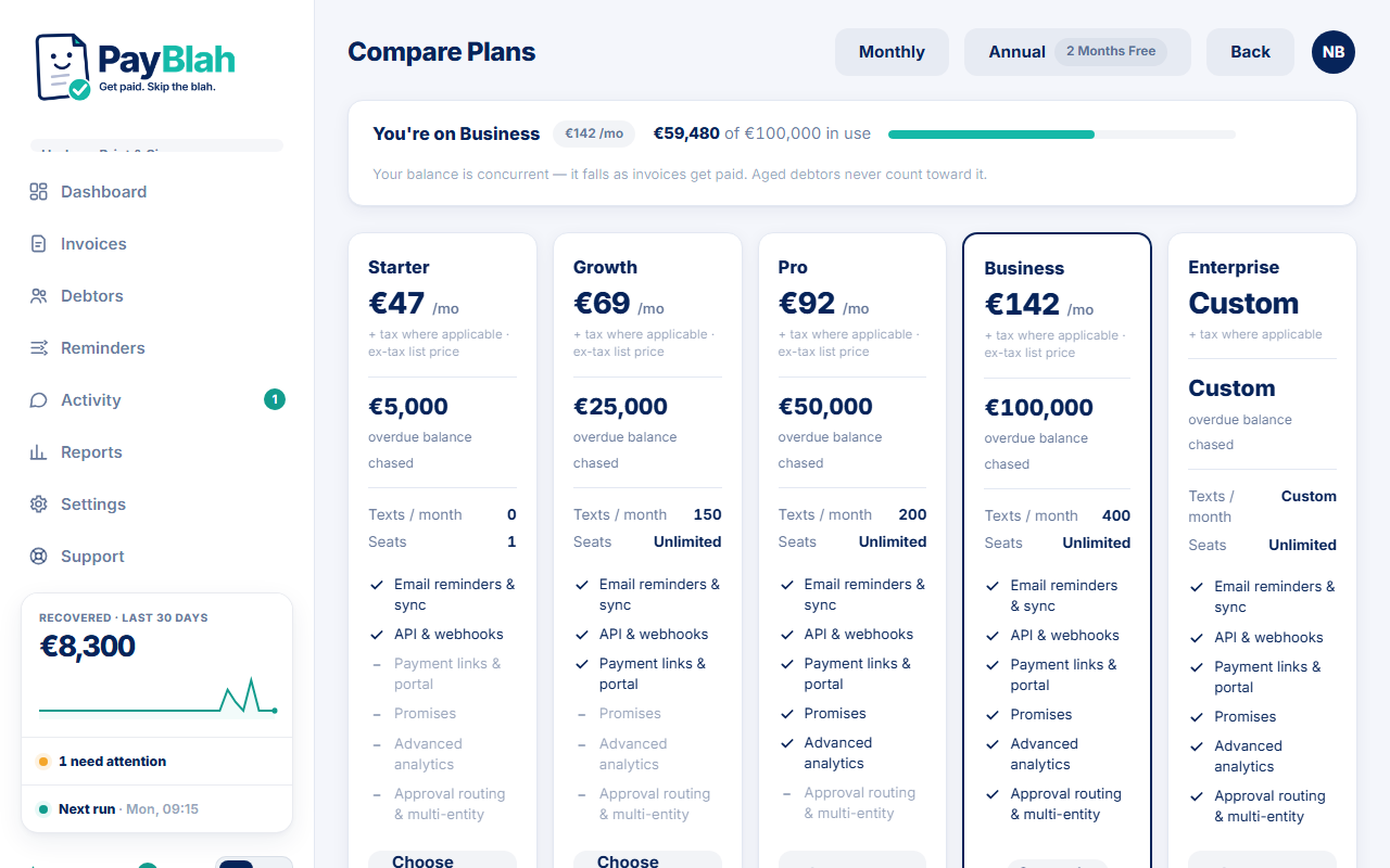 Compare plans screen with Starter through Enterprise