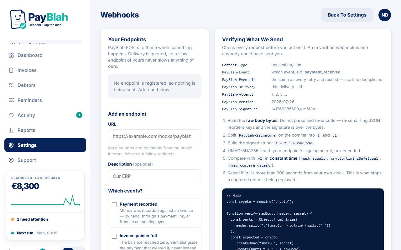 PayBlah Webhooks page with Register Endpoint and event checklist