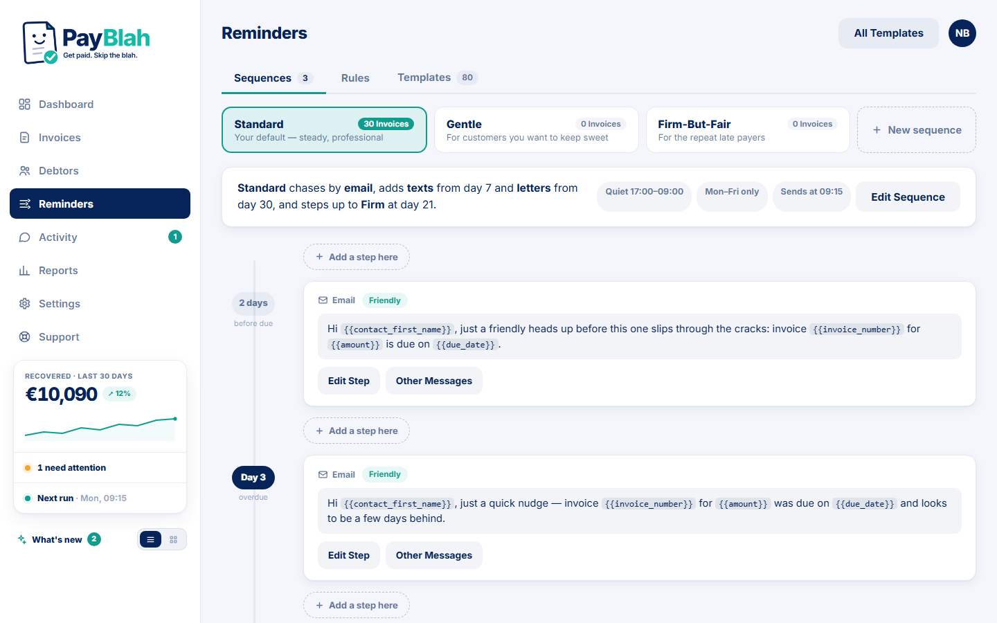 PayBlah's reminder sequence editor showing a day-by-day ladder of editable messages