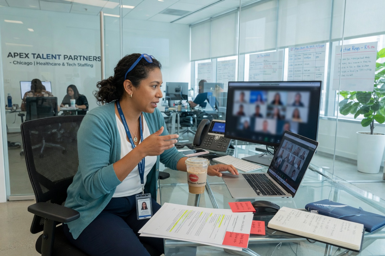A recruiter running a video interview in a staffing office