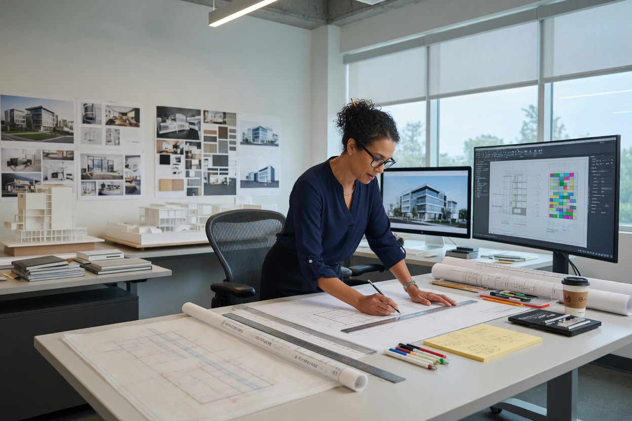 An architect marking up drawings at a standing table
