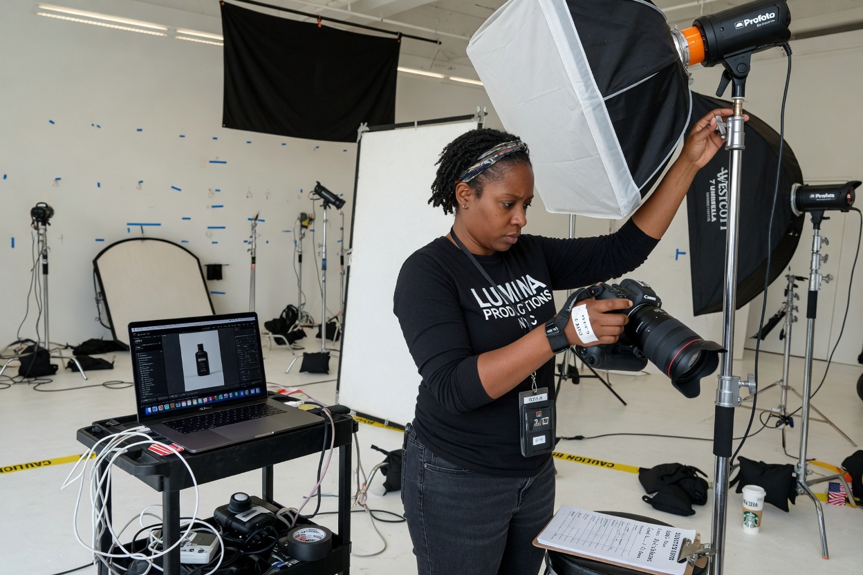 A photographer adjusting a softbox mid-shoot