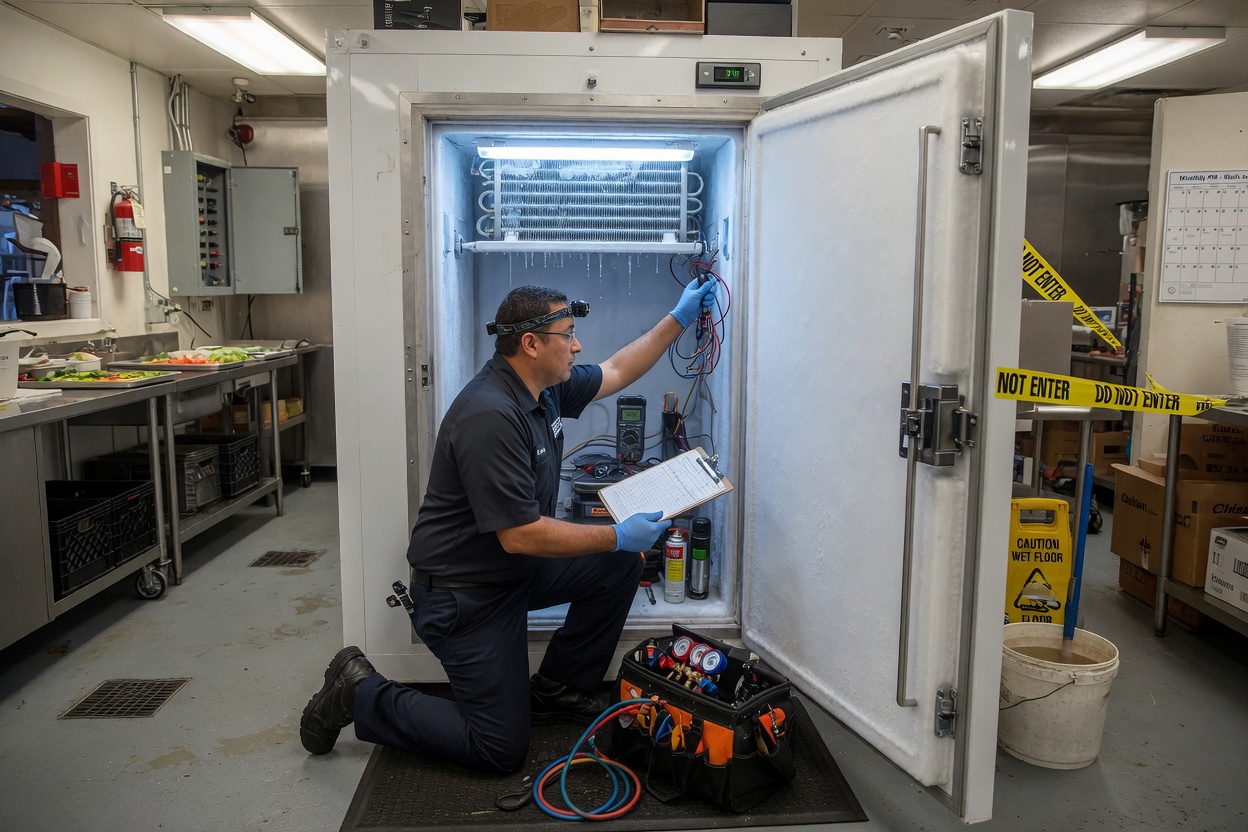 A refrigeration tech diagnosing a walk-in evaporator