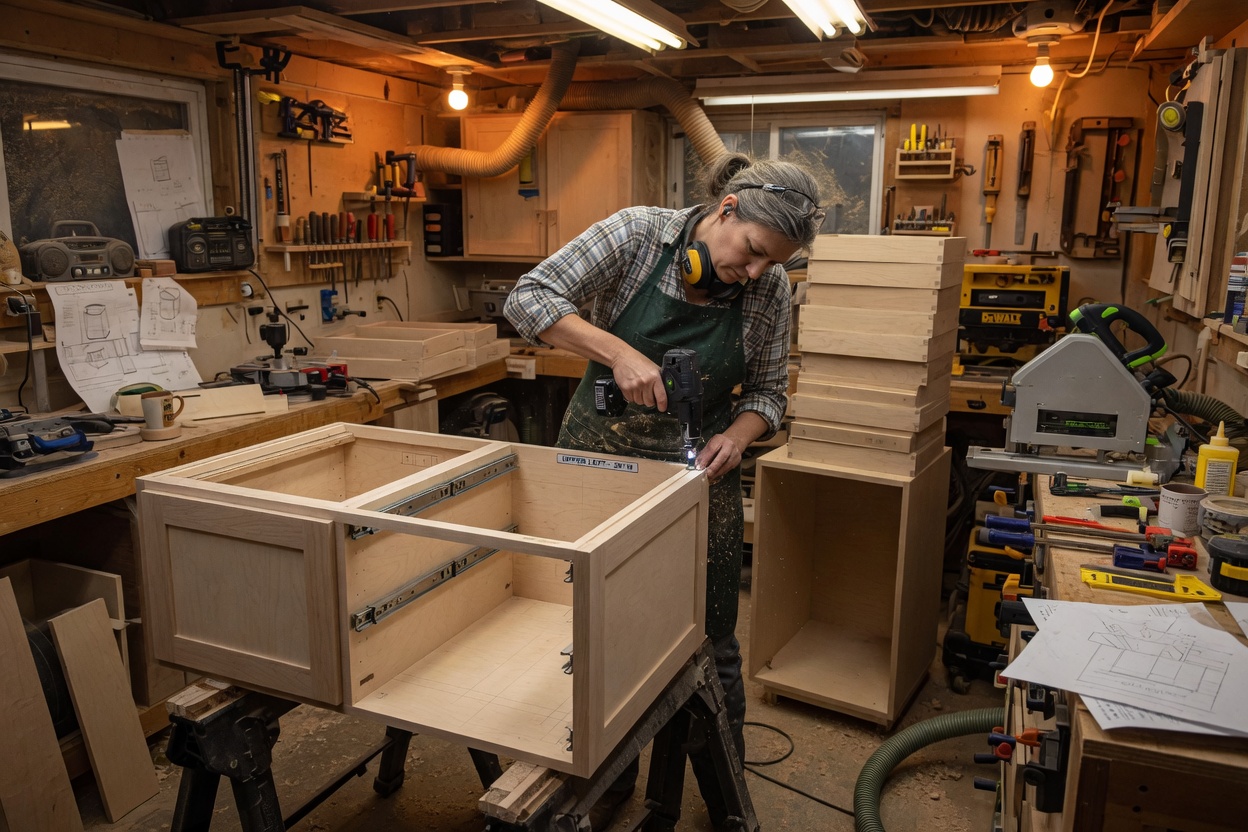 A cabinet maker fitting drawer slides in a maple carcass