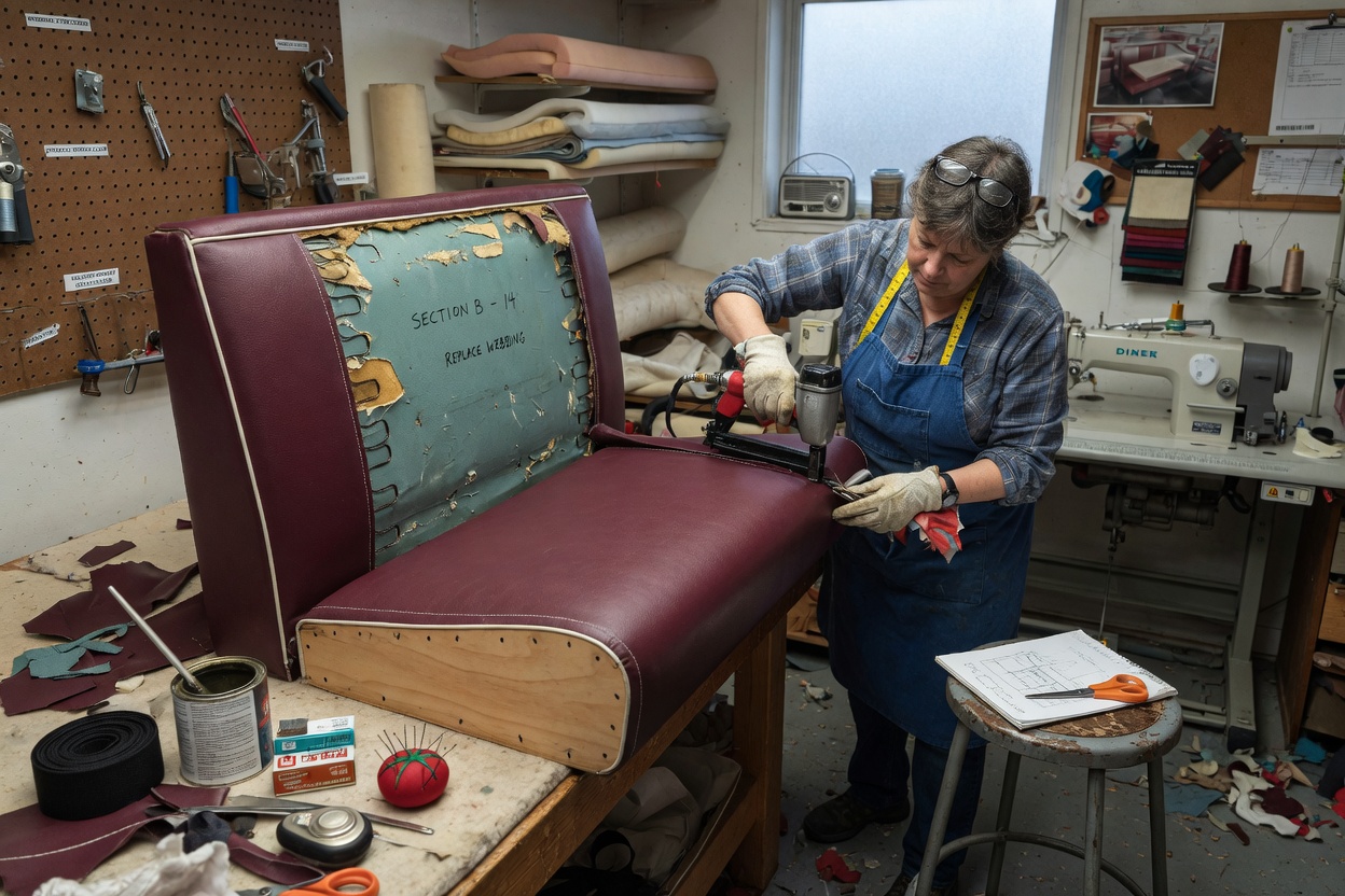 An upholsterer re-covering a diner booth