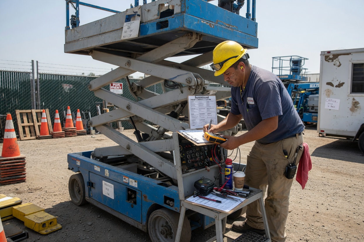 A rental-yard tech checking a scissor lift before hire