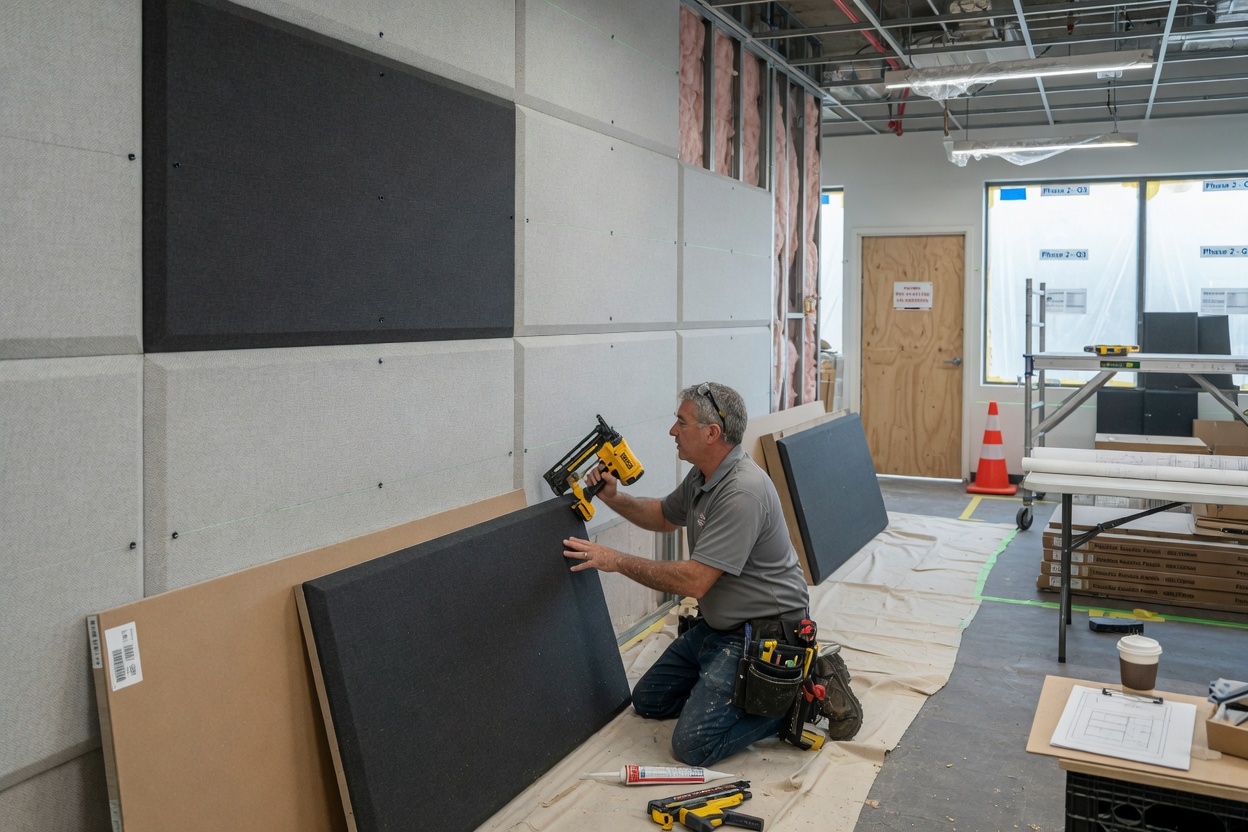 A carpenter mounting acoustic panels in an office fit-out